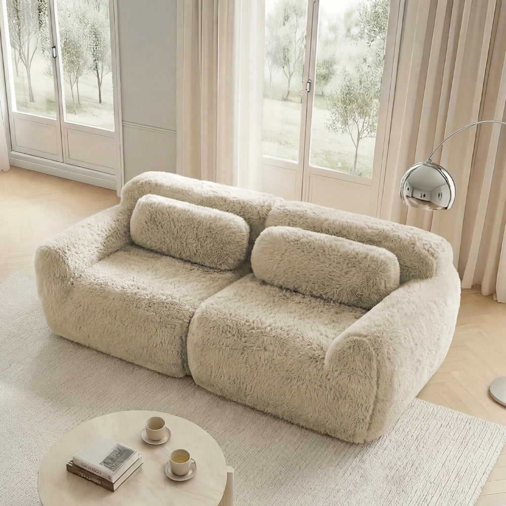 Divano Modulare 2 Posti Senza Struttura con Cuscini; Seduta Ampia Effetto Nuvola; Base Antiscivolo in Peluche Cachi Chiaro