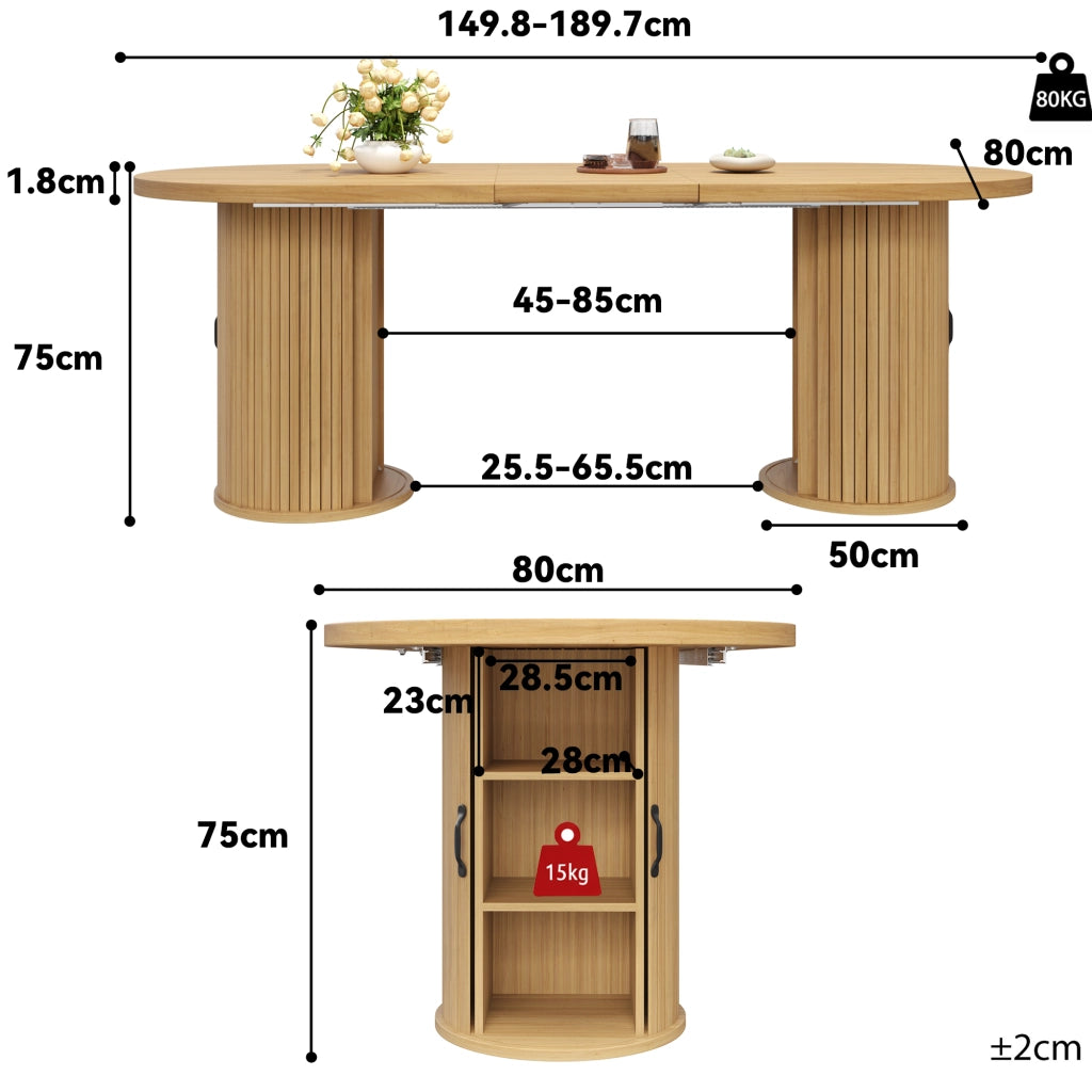 Tavolo allungabile con vano nascosto e maniglie in metallo, per sala da pranzo, in MDF, naturale, 149.8 × 80 × 75 cm