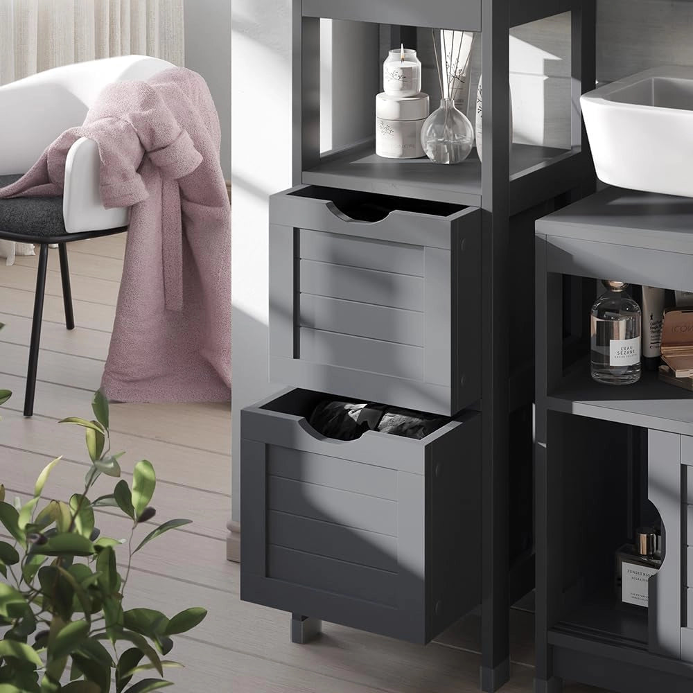 mobiletto bagno Vilda, Grigio, 30 x 89 cm con 2 cassetti, per la conservazione di accessori da bagno e prodotti per la cura