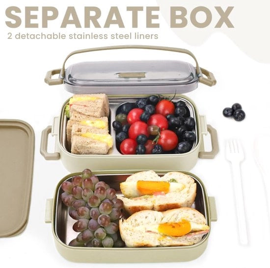 Borsa da Picnic 1100 ML, 2 in 1 Ciotola in Acciaio Inossidabile con 3 Comparti, Borsa da Snack Duratura con Cucchiaio, Borsa da Picnic per Adulti e Bambini, Ciotola per Scuola, Lavoro, Picnic e Viaggi