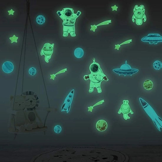 Decorazione per la stanza dei bambini - Sticker luminoso - Astronauti - Razzi - Stelle extraterrestri - Facile da applicare - Decorazione per la parete