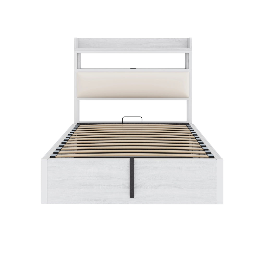 Letto singolo 90x200 cm con contenitore, sollevamento idraulico, USB, testiera imbottita e design retro in legno e metallo, bianco