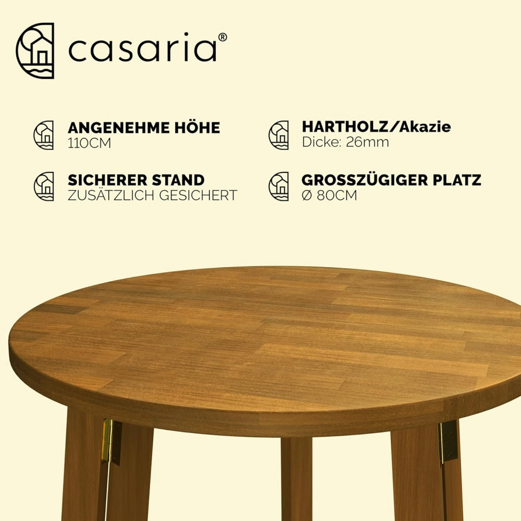 Tavolino Alto Pieghevole Legno di Acacia Ø 80 x 110cm Tondo Tavolo da Giardino Balcone Richiudibile