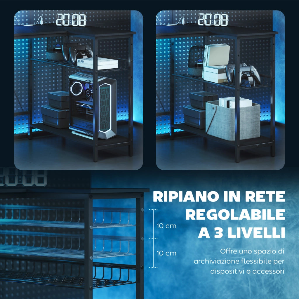 Scrivania Gaming Angolare con LED, Prese Elettriche e Scaffali ¨C Zephmum ¨C Nero