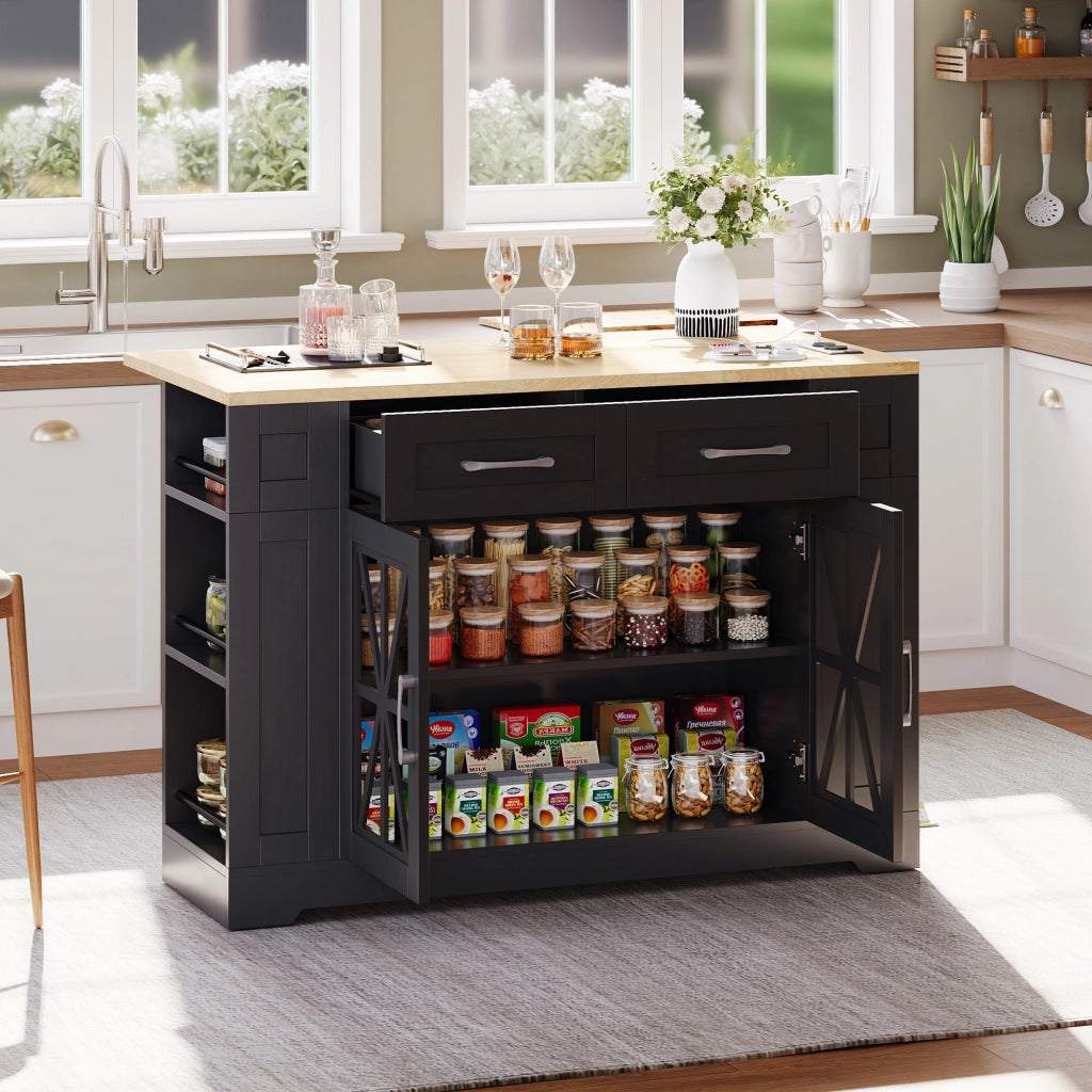 Isola cucina mobile 120 cm con piano ribaltabile, prese AC e USB, ante in vetro, ruote frenate