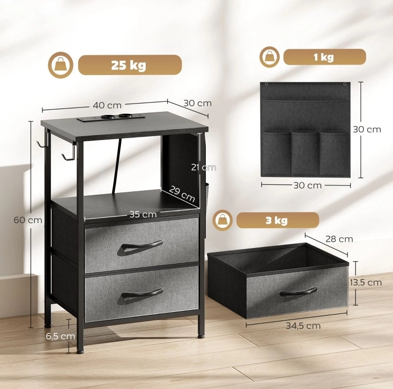 Tavolino da divano stretto con 2 prese AC; USB-A e USB-C; 2 cassetti; nero 40 x 30 x 60 cm