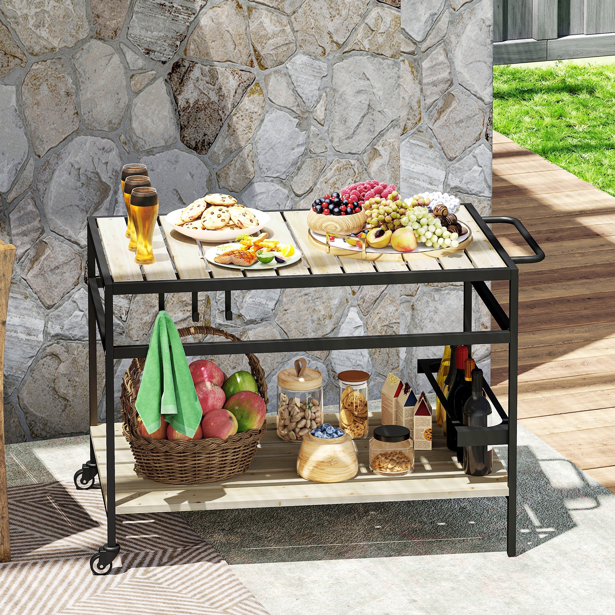 Carrello Portavivande da Giardino 107x65x80 cm Ripiano e Maniglia in Legno a Doghe e Acciaio