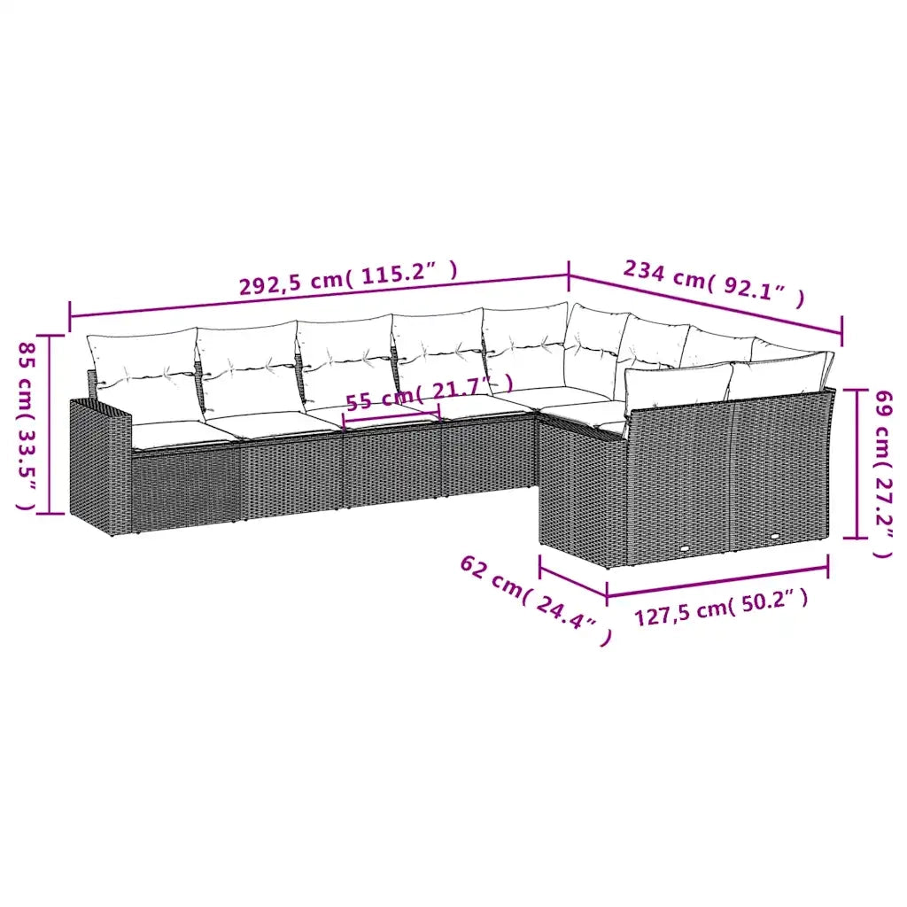Set Divano da Giardino 9pz con Cuscini Grigio Chiaro Polyrattan