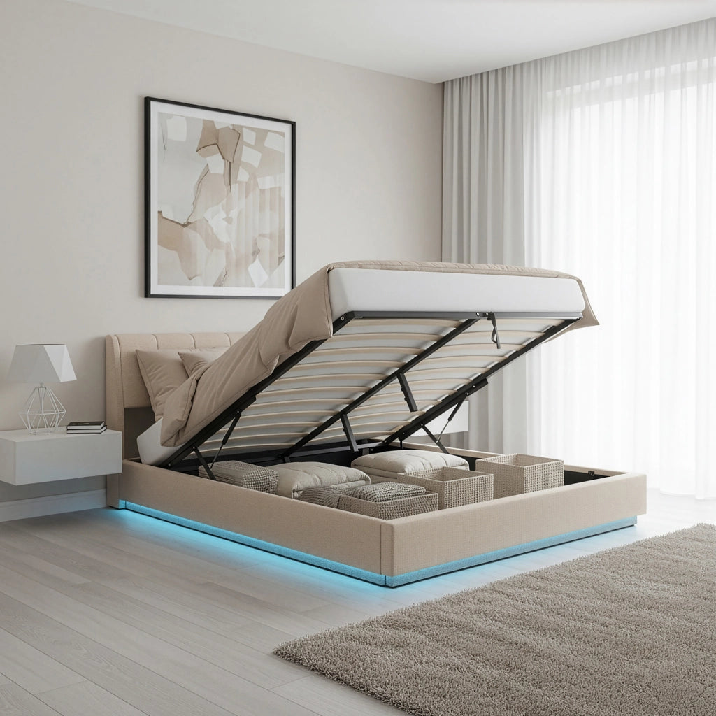 Letto Contenitore Tröstiar con Apertura a Ribalta e Luce LED Letto Doppio Matrimoniale 180x200 cm Beige [en.casa]