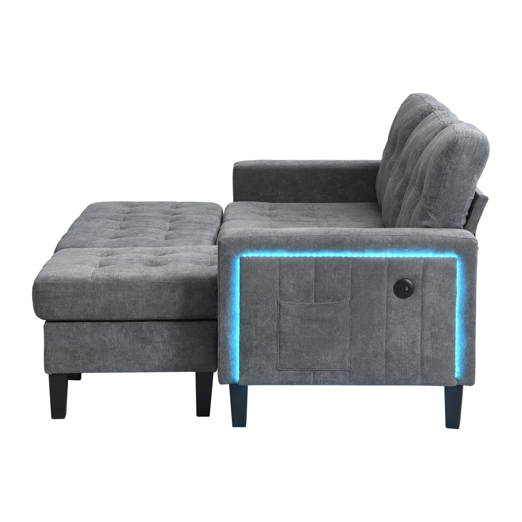 Divano angolare convertibile 3 posti con pouf mobile, LED regolabile e USB, in ciniglia grigio antico