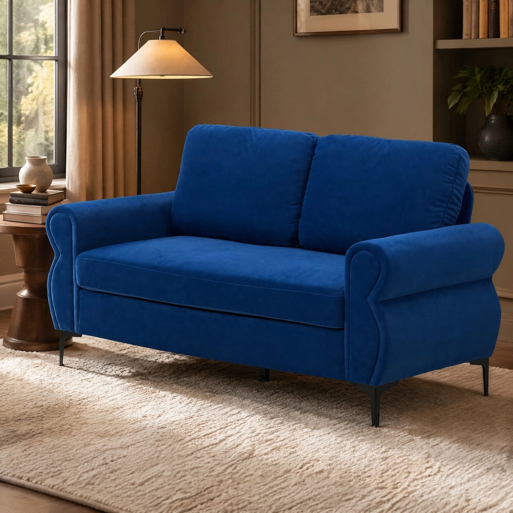 Divano compatto in tessuto blu con cuscini sfoderabili e struttura in metallo e legno; lunghezza 173.5 cm