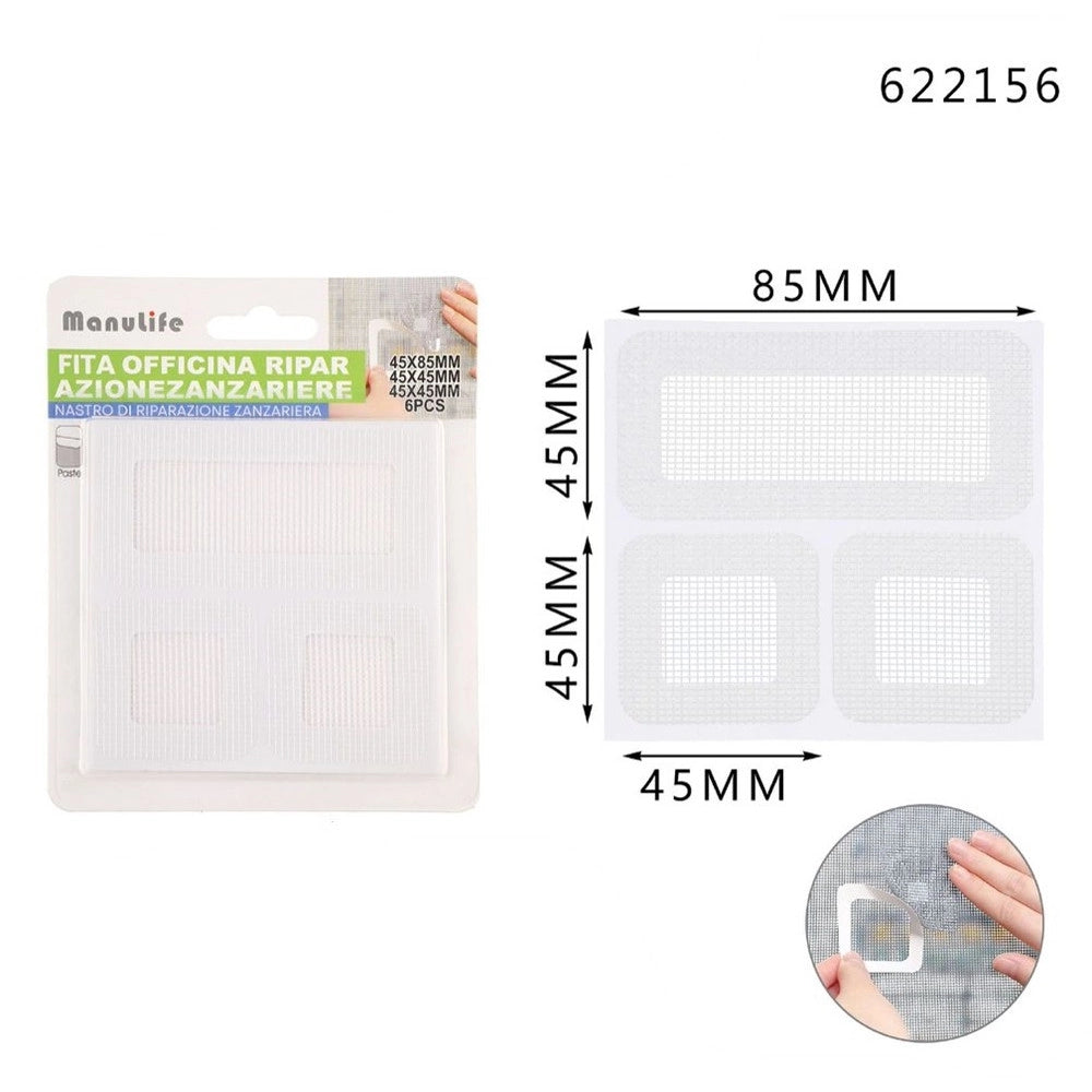 Trade Shop - Set 6 Toppe Adesive Rete Bianca Riparazione Fori Strappi Zanzariere 45x85mm/45x45mm 622156 -