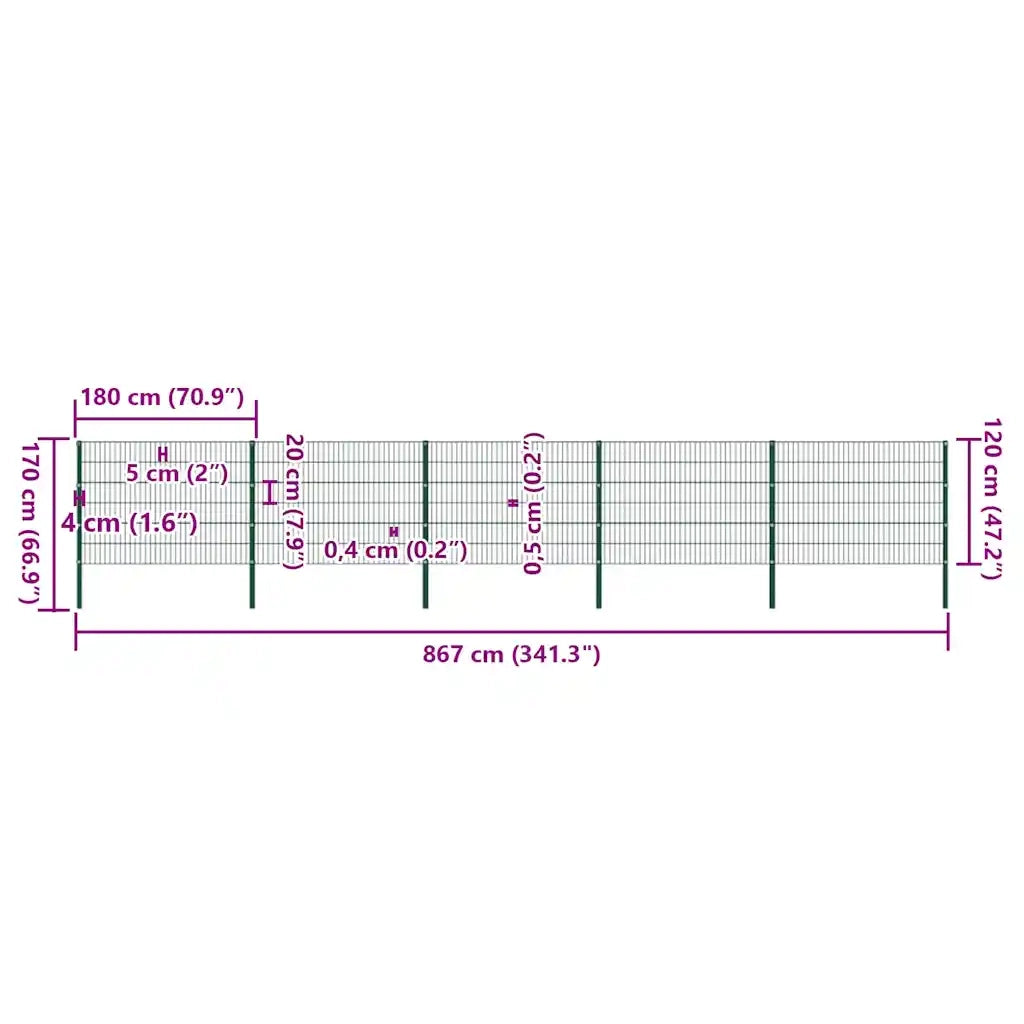 Pannello di Recinzione con Pali in Ferro 8,5x1,2 m Verde