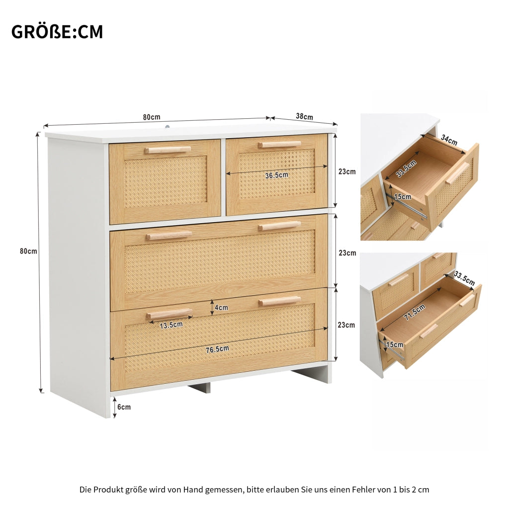 OKWISH Cassettiera in Rattan con 4 Cassetti, Dispositivo Antiribaltamento, per Camera, Soggiorno o Ingresso, 80 x 38 x 80 cm