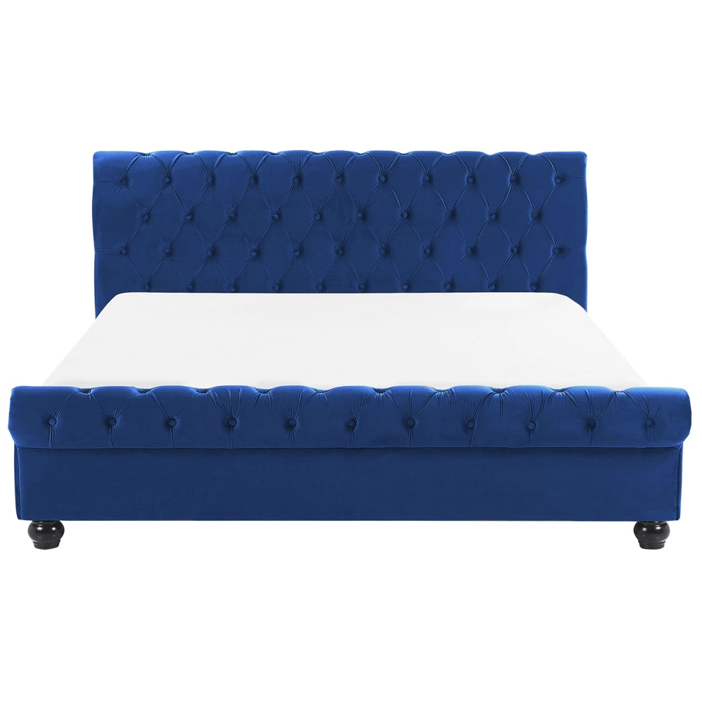 Letto rivestimento in velluto blu Gambe in legno Nero 180 x 200 cm abbottonato Glam