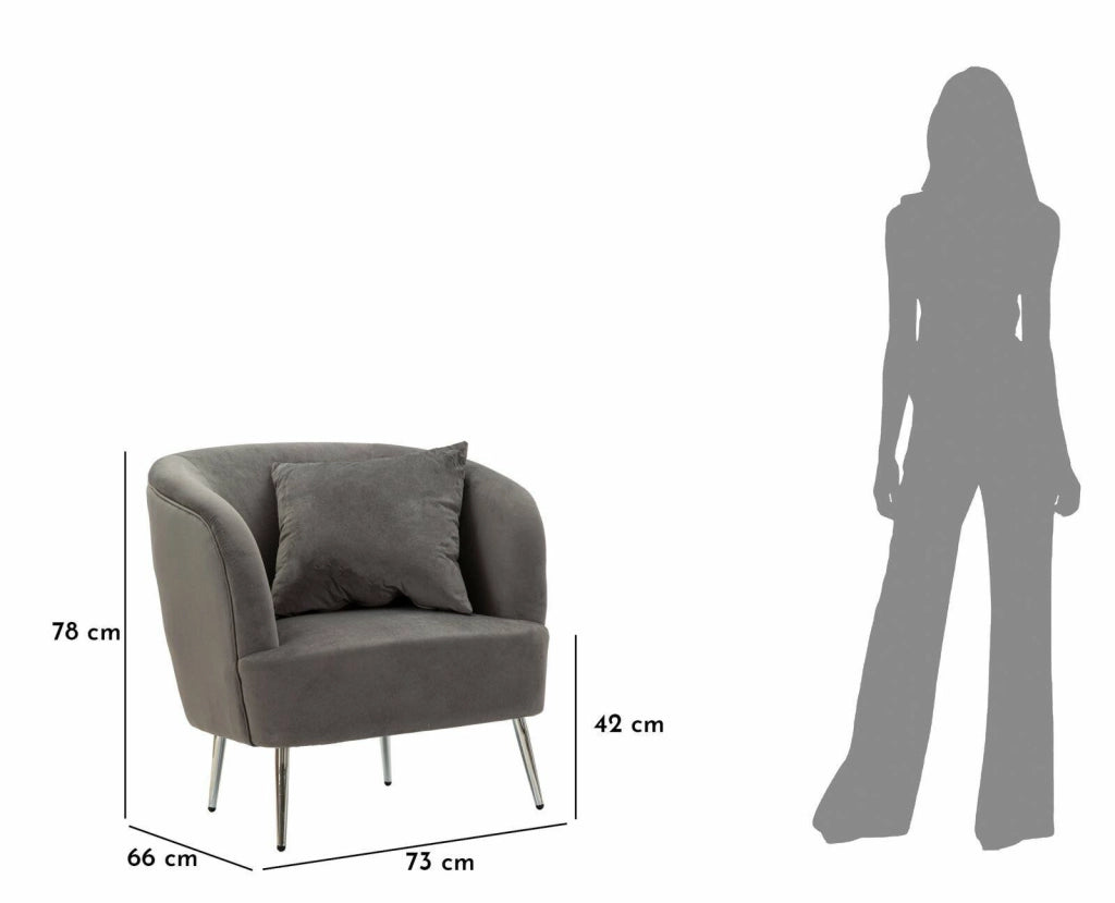 Poltrona Landi, Seduta imbottita, Divano singolo da salotto, Sedia con braccioli, 73x66 h78 cm, Grigio e Argento