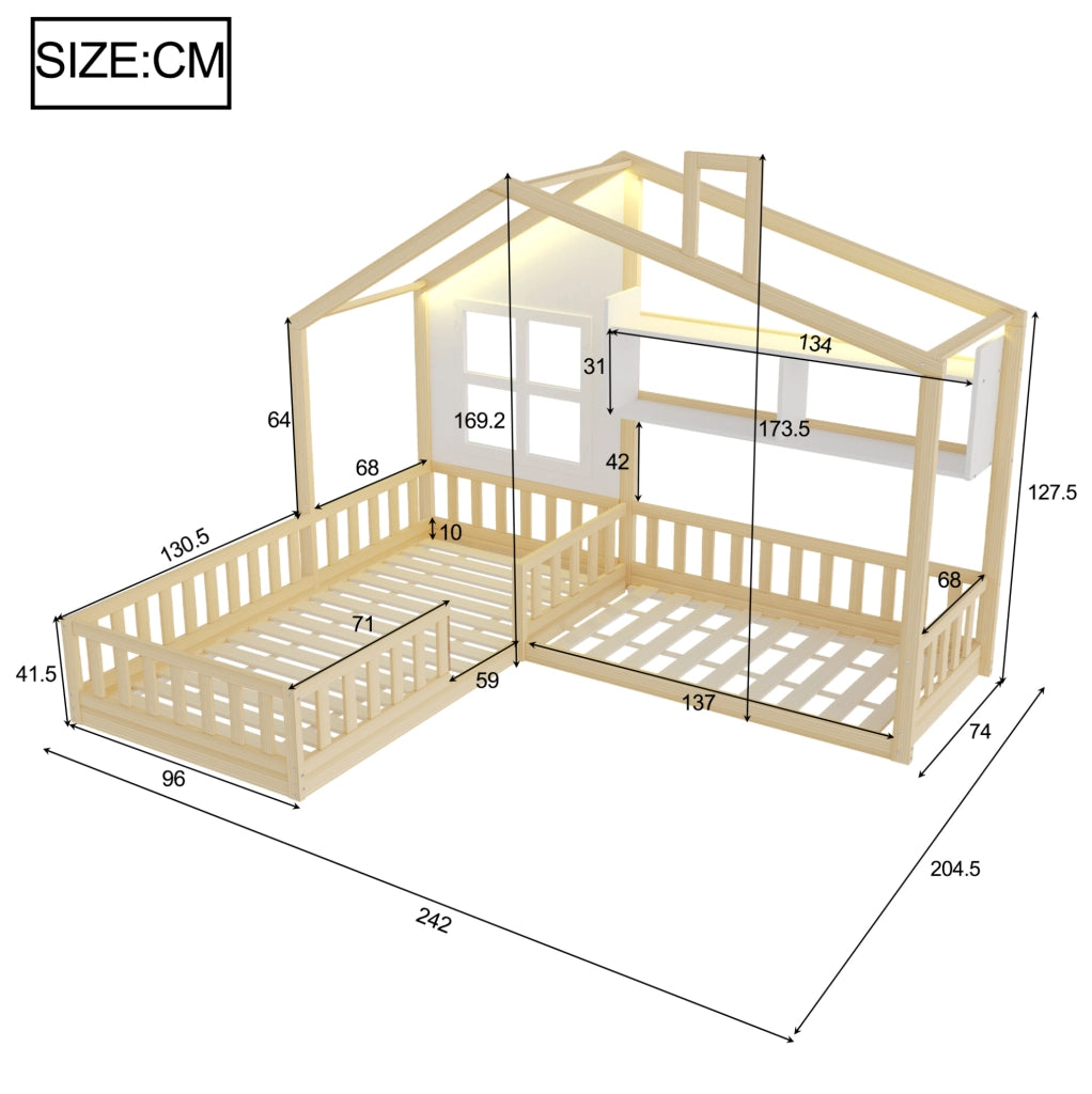 Letto per bambini a casetta 90x200 cm con LED, mensole e sponde di sicurezza