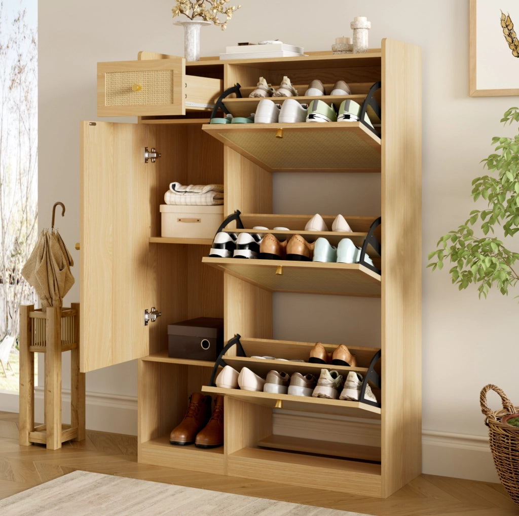 Scarpiera slim naturale con 3 ribalte, cassetto e vano laterale