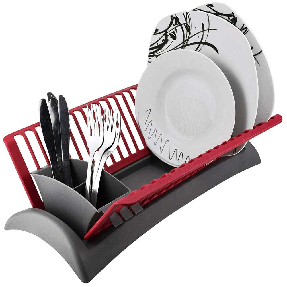 Scolapiatti Cucina in Plastica Cola Piatti e Scola Posate 46x26x14cm Rosso