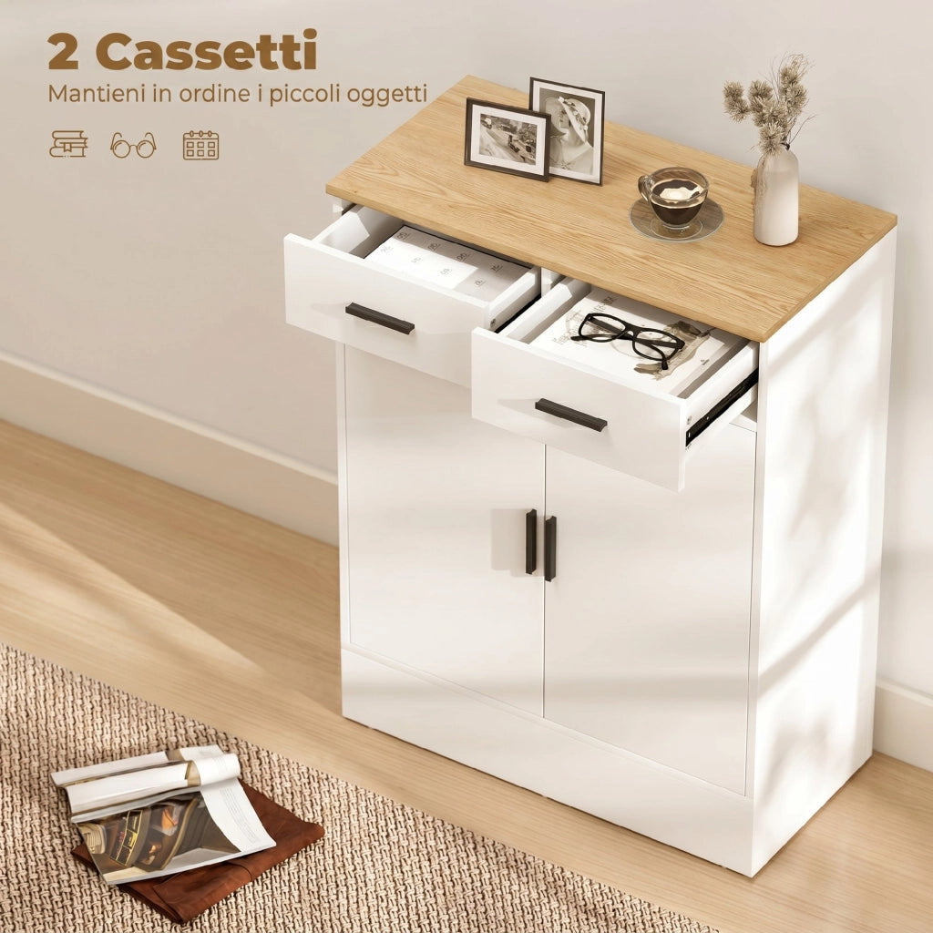 Credenza con 2 Cassetti e Armadietto 2 Ante ¨C Zephmum ¨C Bianco e Legno