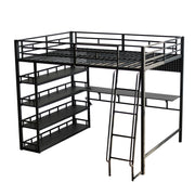 Letto a Soppalco 140x200 cm con Mensole; Porta di Ricarica e Ganci - in Metallo - Nero