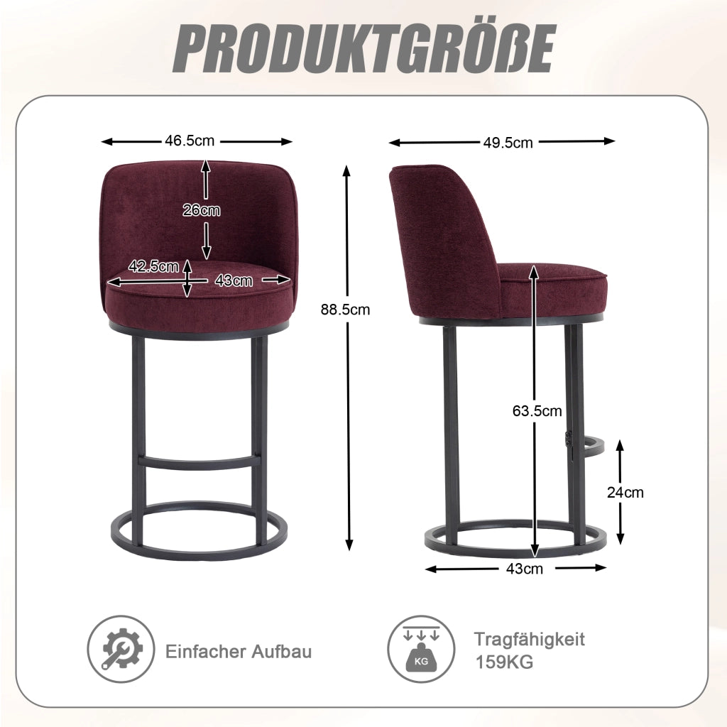 Set di 2 Sgabelli da Bar con Schienale Ergonomico e Poggiapiedi; per Cucina e Bancone; Lino Rosso Vino