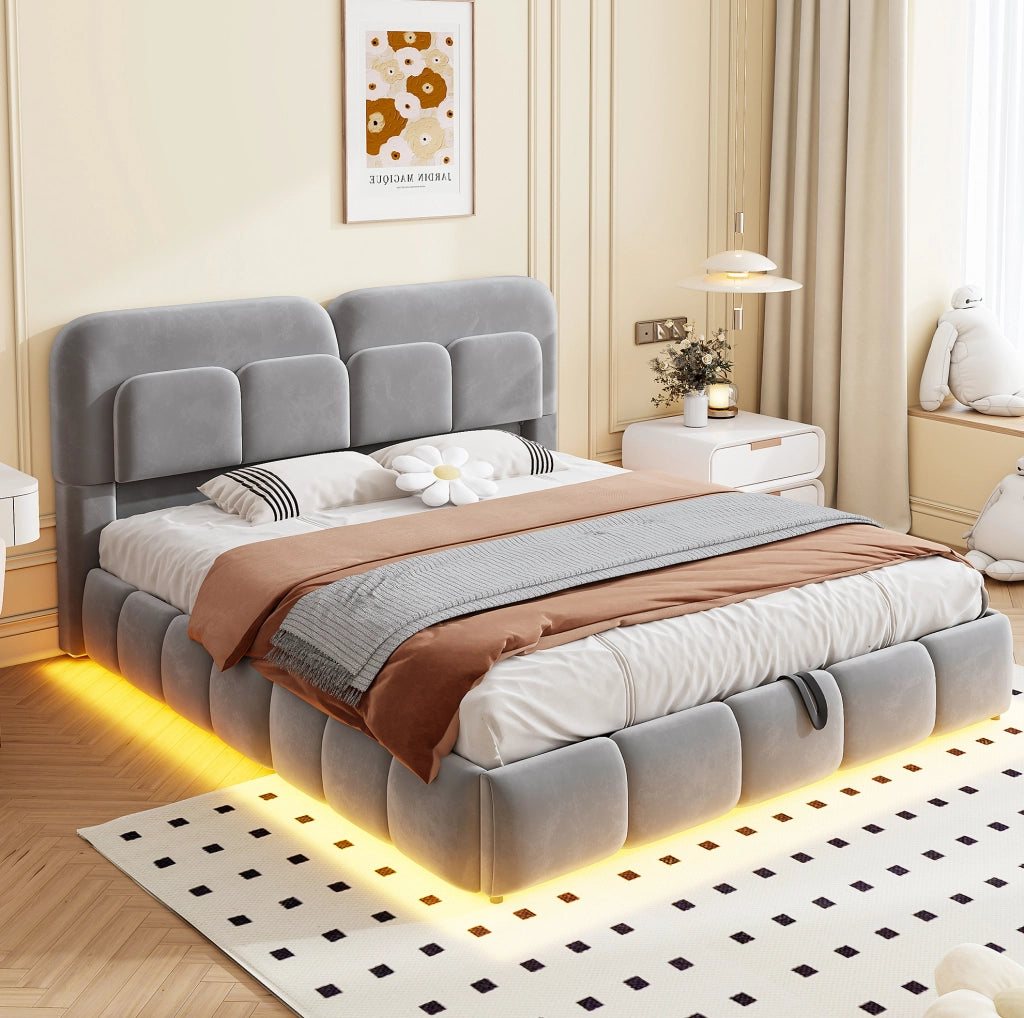 Letto imbottito con contenitore e LED, 140x200 cm, grigio