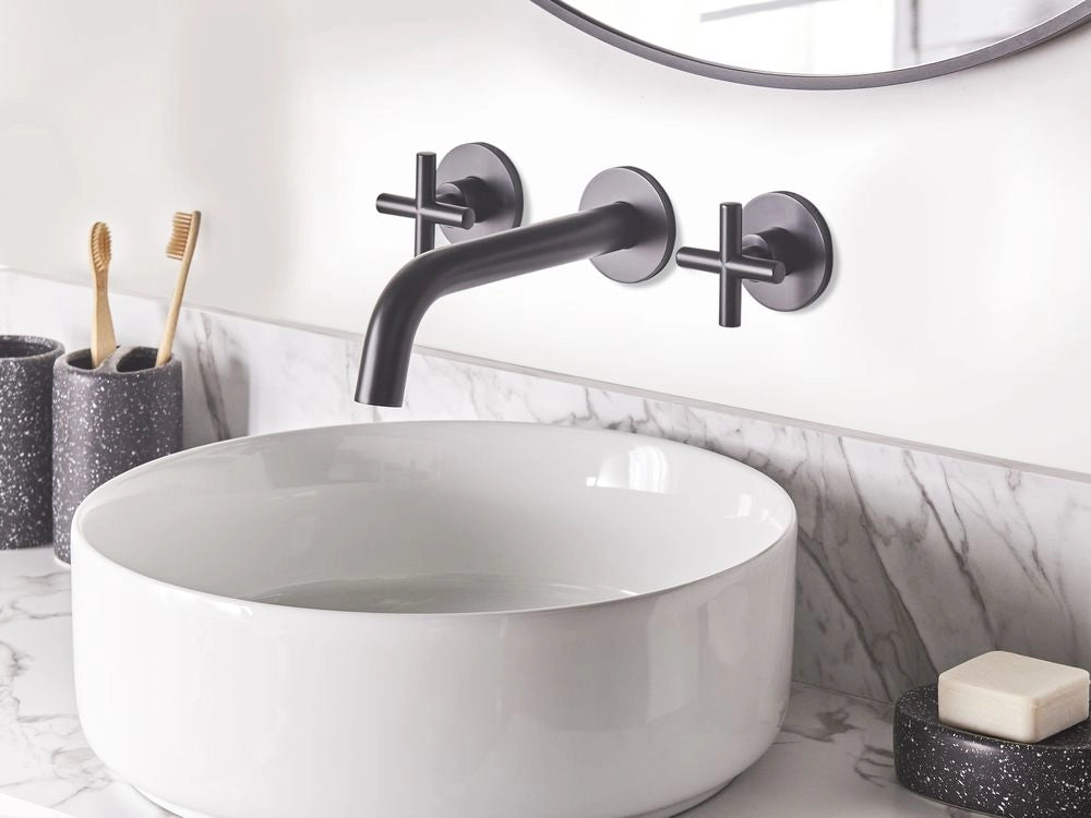 Rubinetto miscelatore per lavabo a parete in ottone color nero con 3 fori e doppia maniglia