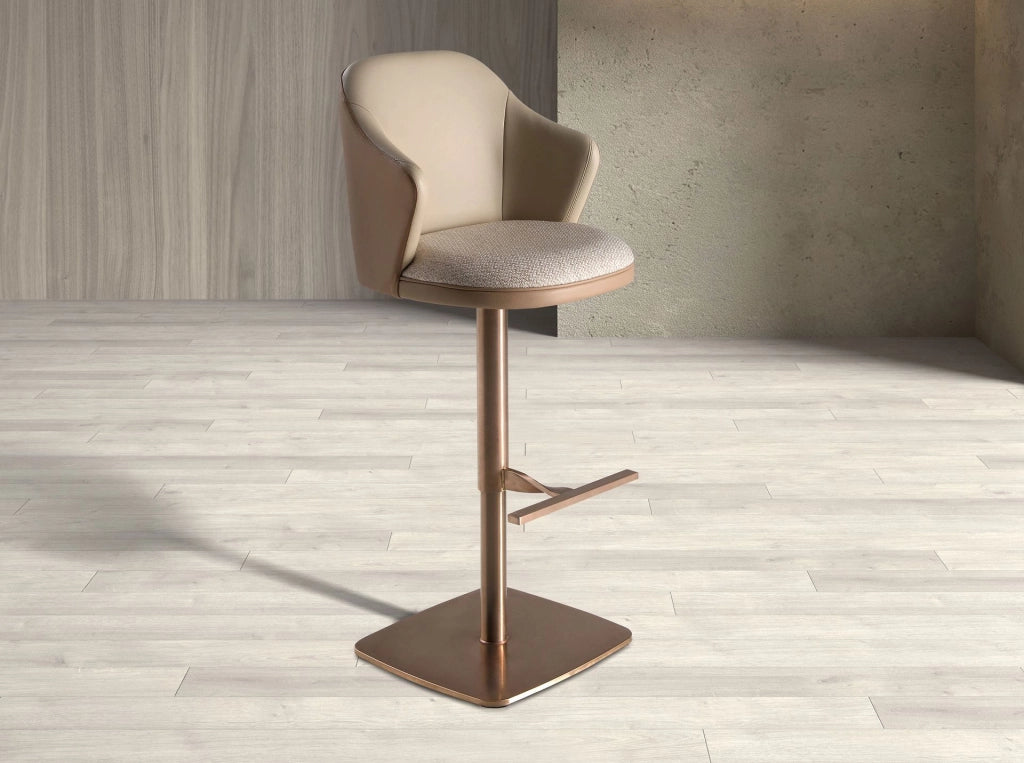 Sgabello girevole in tessuto crema screziato e similpelle marrone