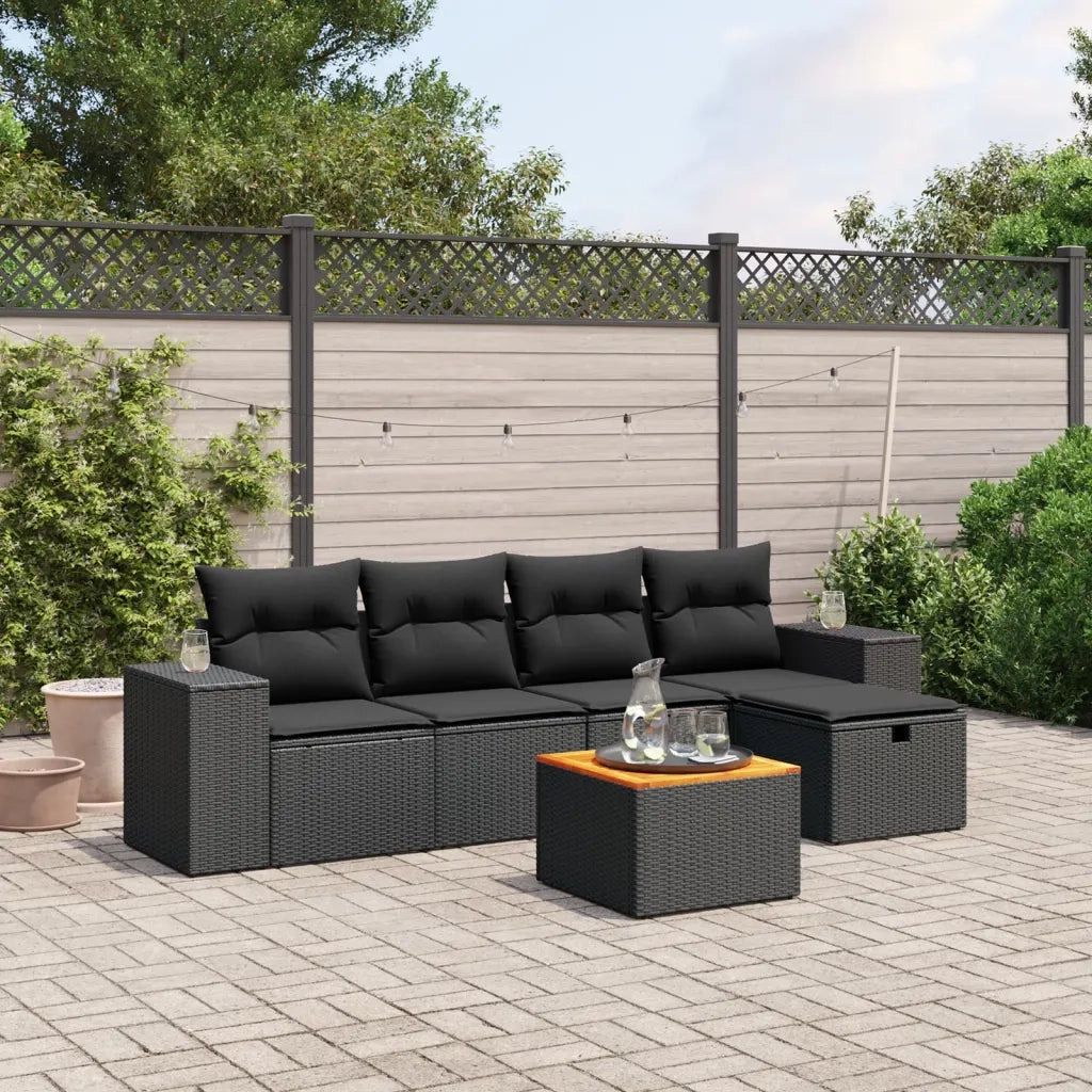 Set Divano da Giardino 6 pz con Cuscini Nero in Polyrattan