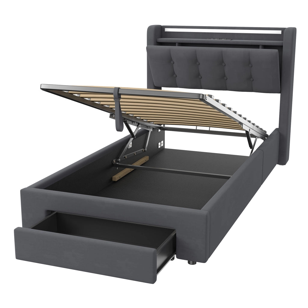 LETTO Imbottito 90 x 200 cm in Velluto con LED, USB e Contenitore