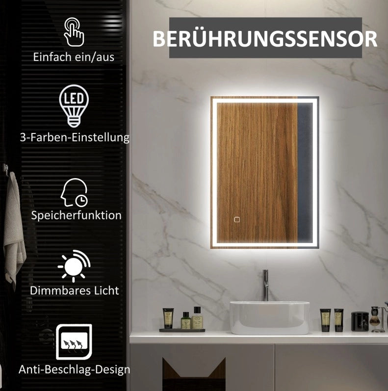 Specchio da bagno LED 70x50 cm in vetro argentato， touch， antiappannamento