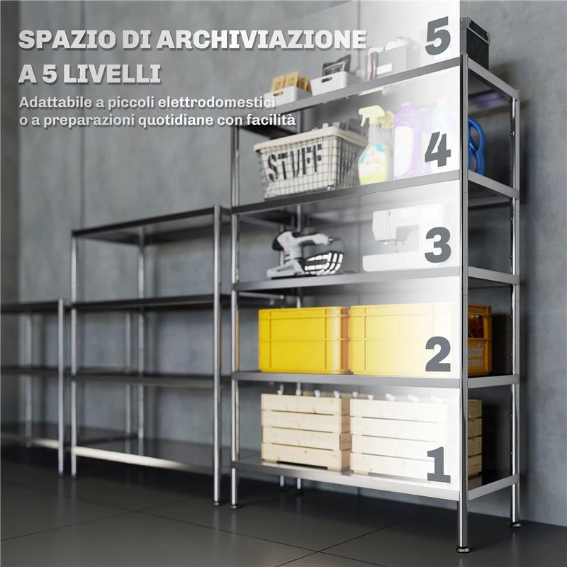 SCAFFALE DA CUCINA A 5 LIVELLI REGOLABILI SU 13 ALTEZZE DIVERSE, IN ACCIAIO INOX, 91X40X139 CM, ARGENTO