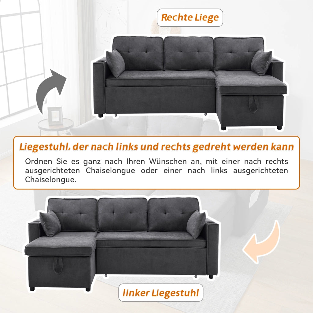 OKWISH Divano Letto con Penisola Reversibile 3 Posti, con Contenitore, Portabicchieri e Tasche Laterali, Cotone Lino Grigio