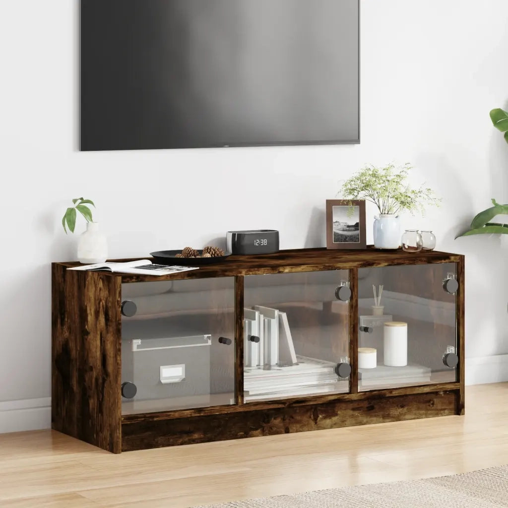 Mobile Porta TV con Ante in Vetro Rovere Fumo 102x37x42 cm 836410