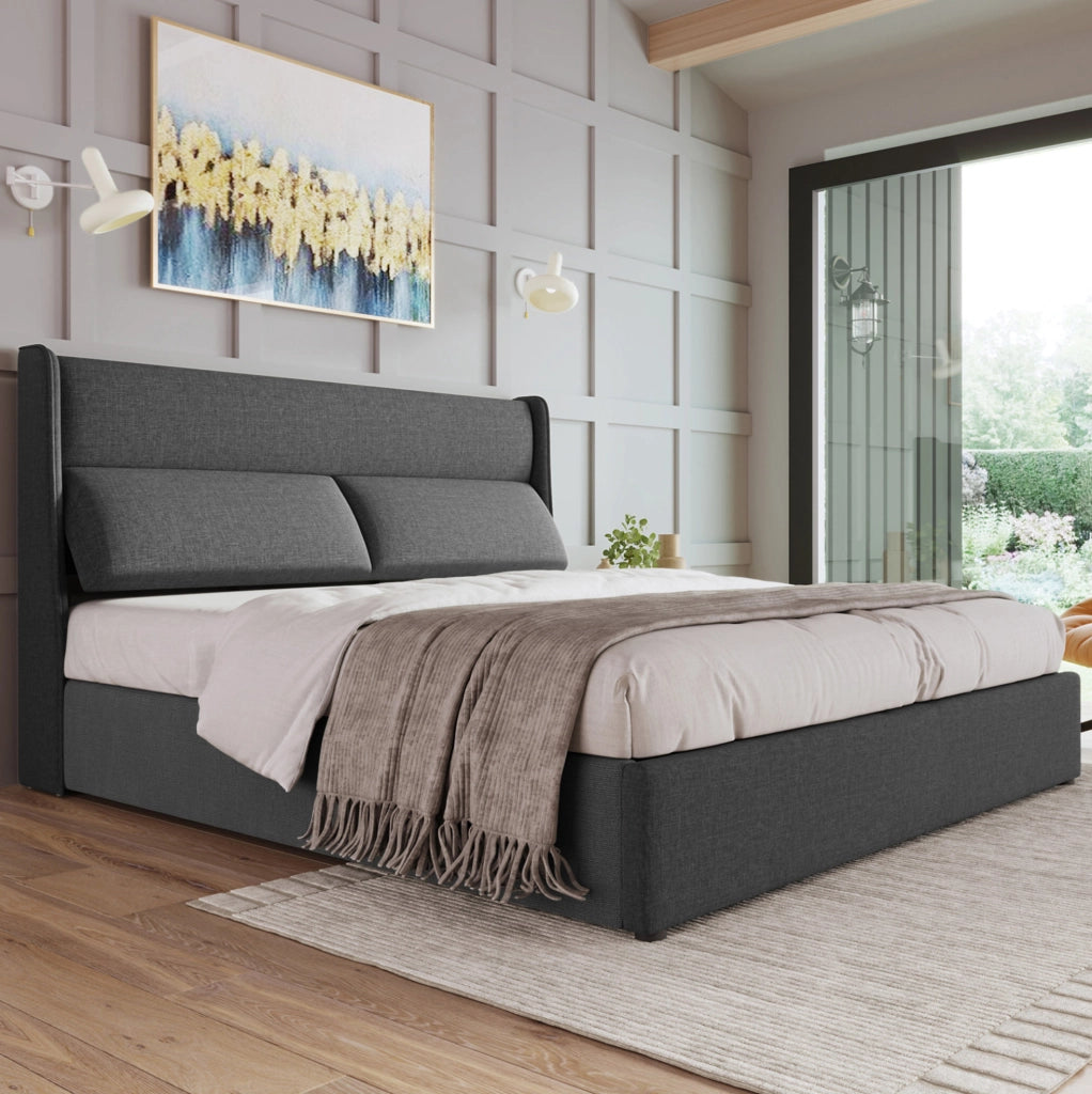 Letto imbottito 145x217x113 cm con testiera regolabile e contenitore idraulico in lino grigio