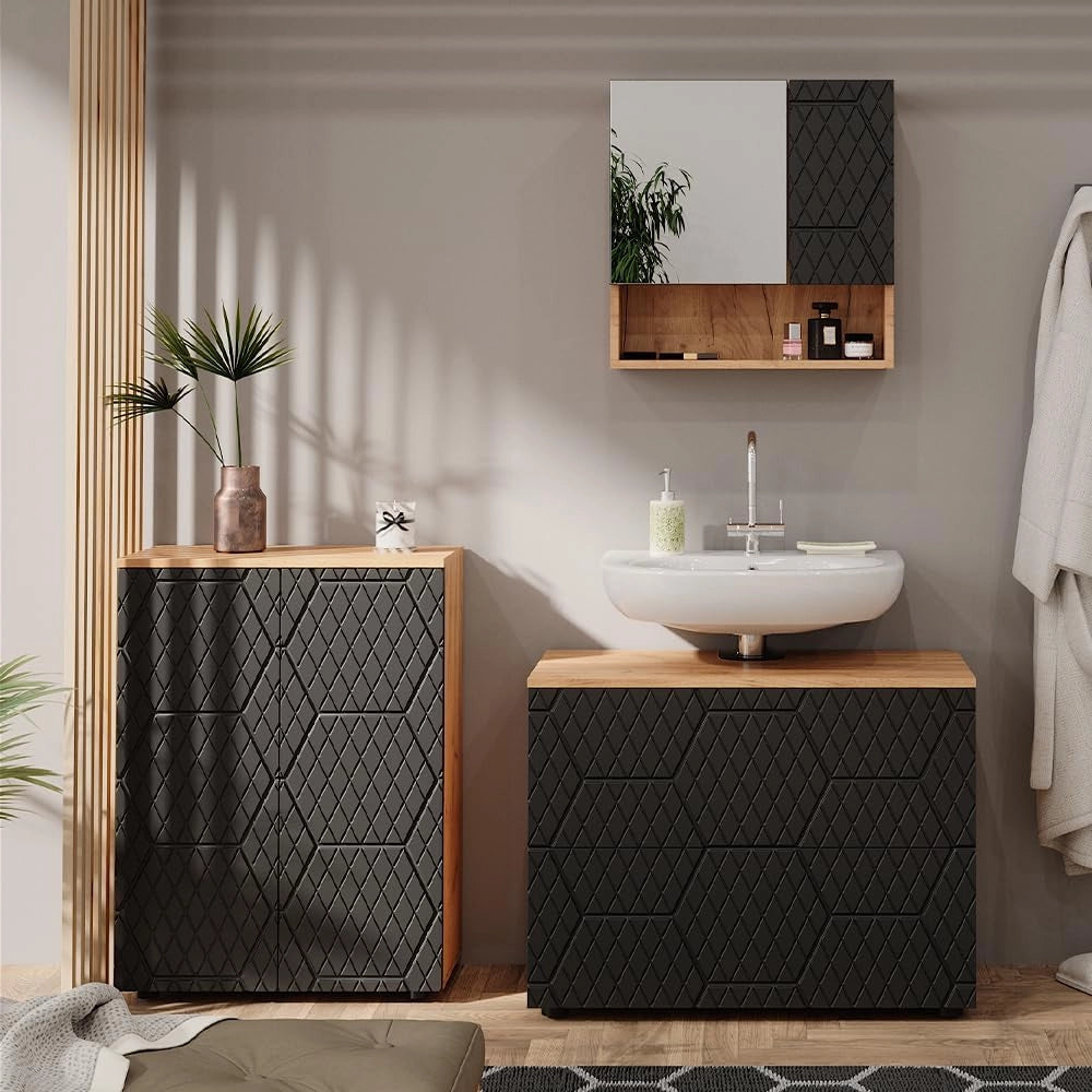 Mobile a specchio per il bagno Irma, Antracite con struttura a nido d'ape, 54 x 55 cm, per montaggio a parete con specchio e vani a giorno