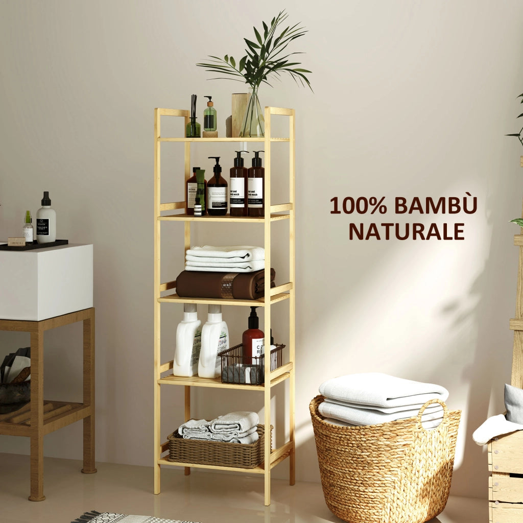 Scaffale Bagno a 5 Ripiani Regolabili in Altezza in Bamb¨´, 43.5x31.5x142 cm, Legno Naturale