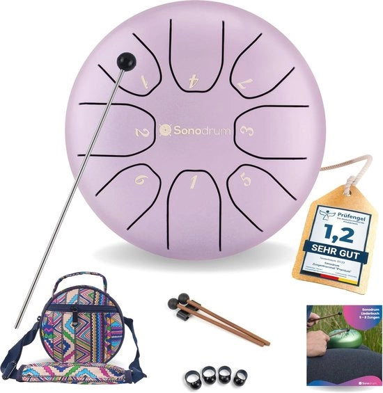 Tamburo di gola 5 pollici in lila - 8 note per meditazione e yoga, con borsa e mazzuoli
