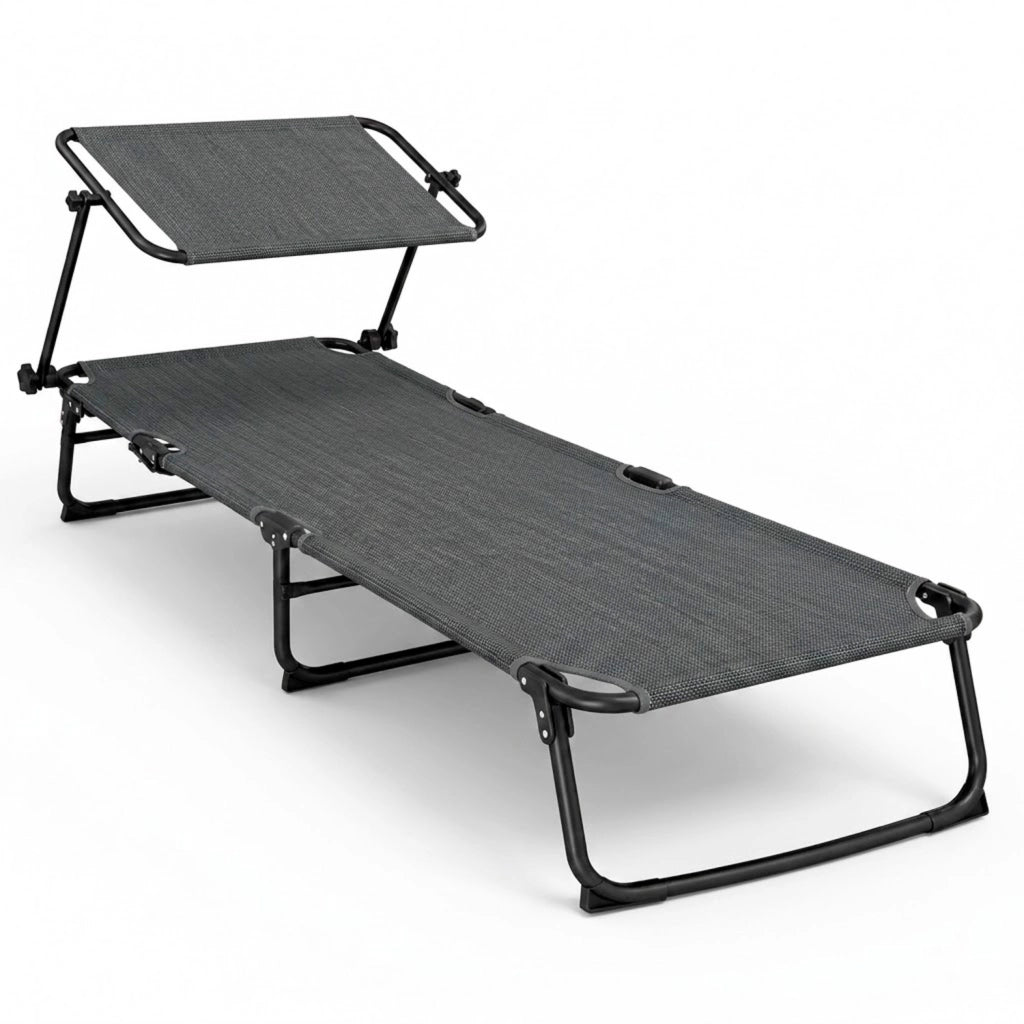 Lettino Prendisole Pieghevole Con Tettuccio Parasole Schienale Reclinabile Regolabile Telaio In Metallo Nero 187 x 53 x 24 Cm Grigio Scuro