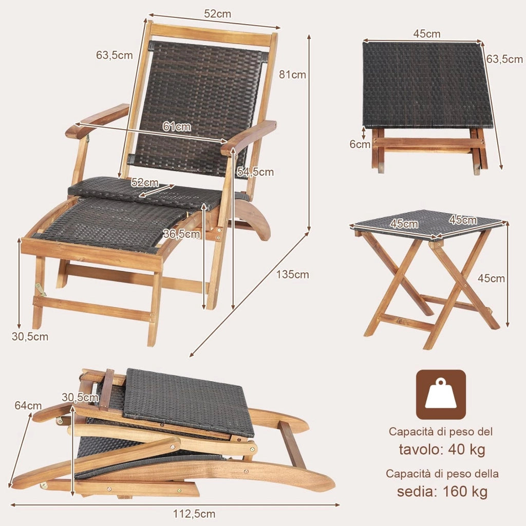 Set Sedia a Patio e Tavolo, Poltrona con Poggiapiedi Telescopico Lungo, Mobili da Giardino da Esterno Pieghevole, in Rattan e Legno di Acacia, per Esterni, Giardino, Cortile