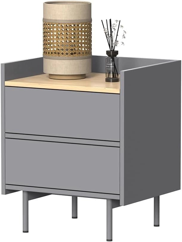 Comodino camera da letto Velina, Grigio/quercia, 48 x 58 cm con 2 cassetti