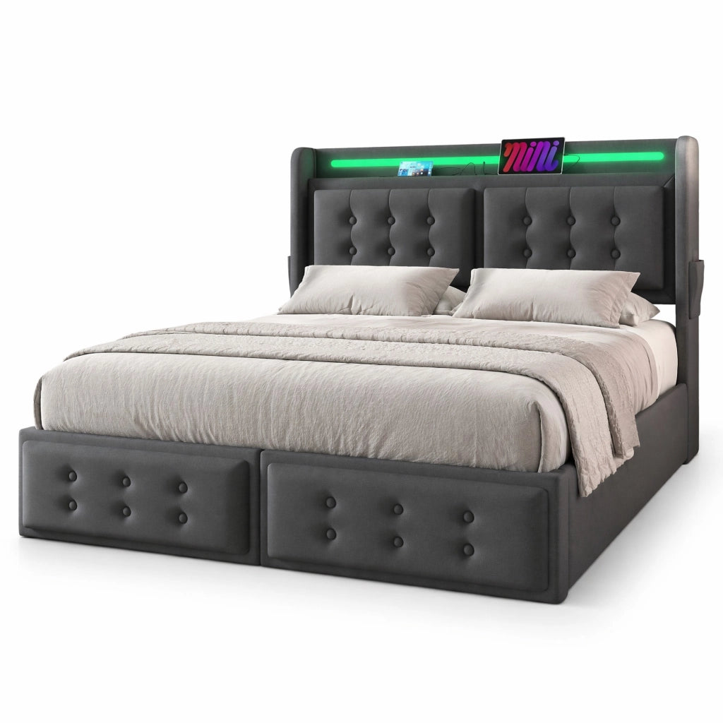 Letto matrimoniale 160x200 cm con contenitore, LED e prese USB-C, grigio