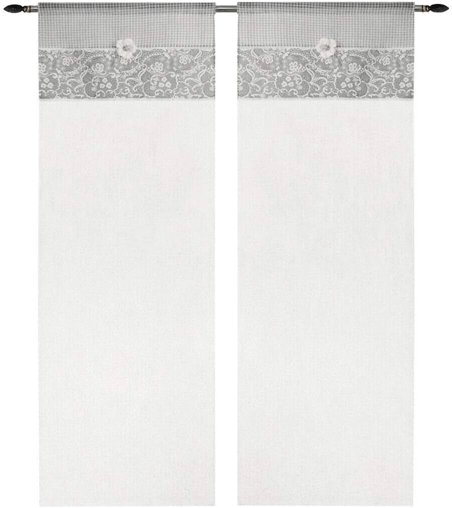 Tende Coppia Finestra Porta Interno 60x150 cm Tessuto Shabby Chic Margherita Grigio