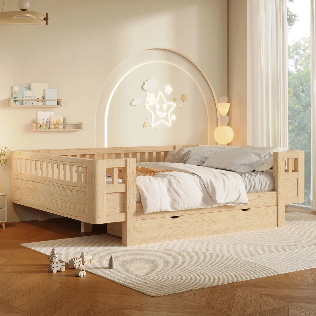 Letto per bambini in legno massiccio con sponde protettive e due cassetti, finitura legno 140 × 200 cm