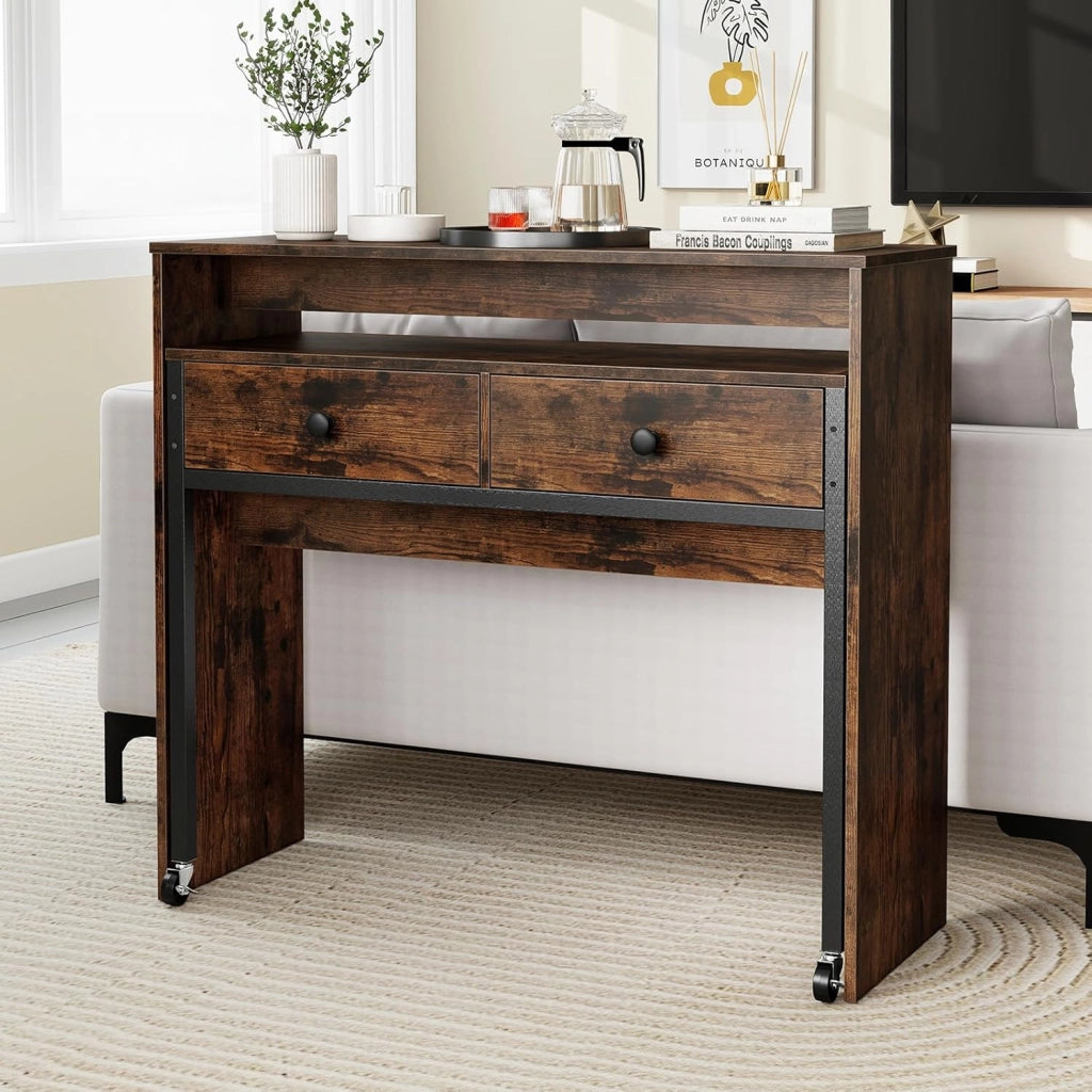 Scrivania per computer con piano estensibile, 100 x 63 x 88 cm, 2 cassetti e ripiano aperto, design compatto con ruote, tavolo da lavoro per camera da letto, ufficio (marrone)