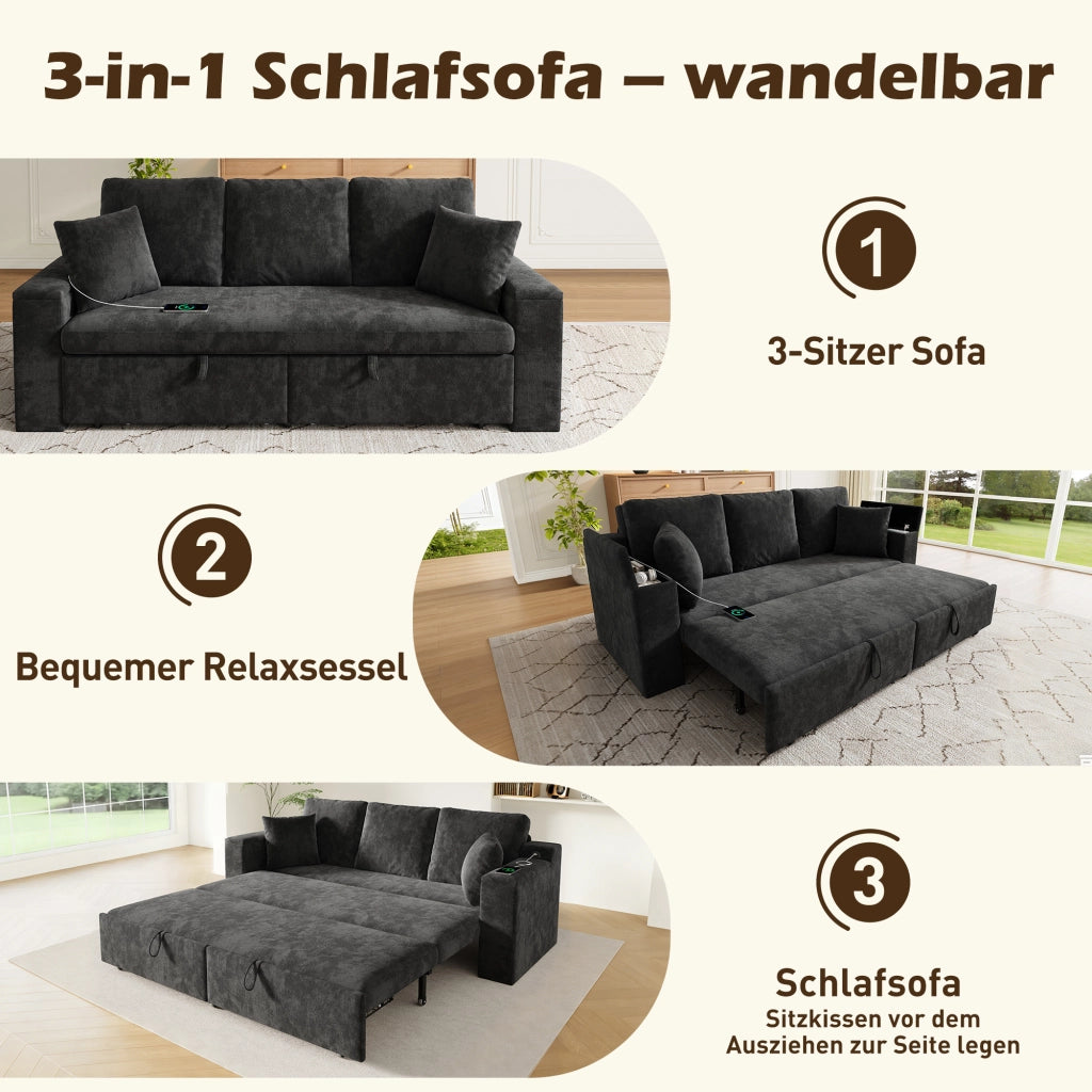 Divano letto 3 posti con funzione letto, vano portaoggetti e porte USB e Type-C, in ciniglia grigia 210,5 × 192 × 93 cm