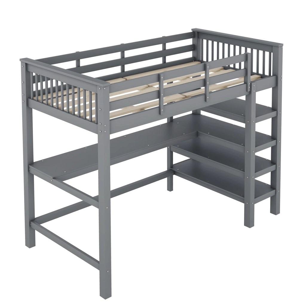 Letto a Soppalco 90 x 200 cm; Letto Singolo con Scrivania; Scaffali e Scala; senza Materasso; Pino e MDF Grigio