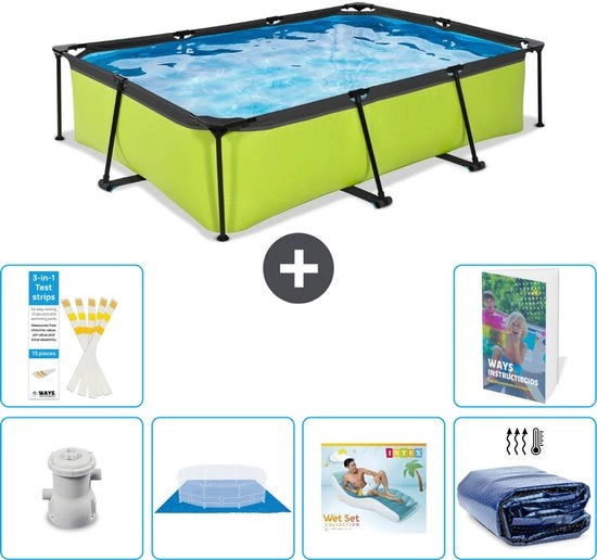 Piscina Reclinabile a Forma di Rettangolo con Cornice Lime - 300 x 200 x 65 cm - Inclusa Pomp, Copertura, Divano e Tenda Solare - 7 Pezzi