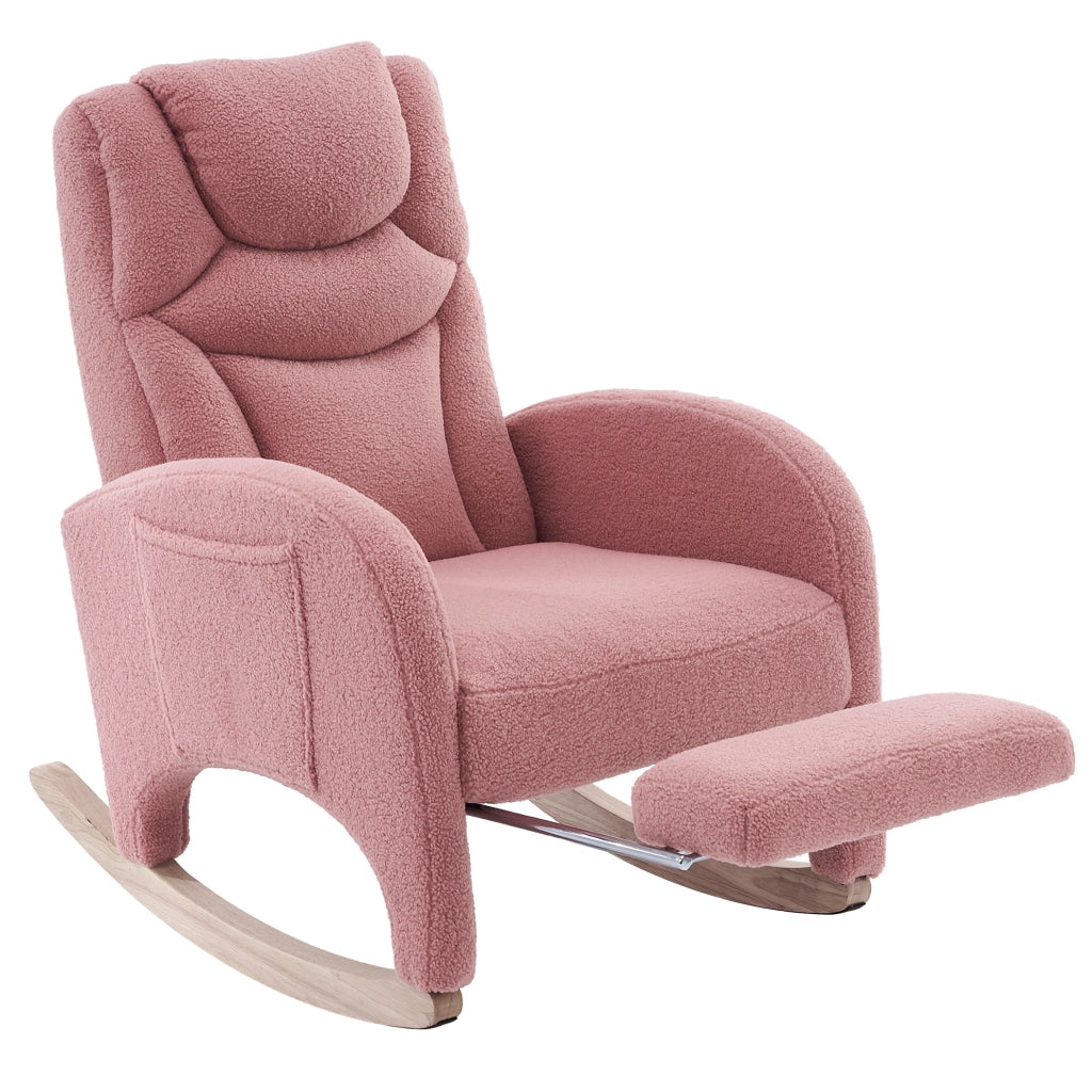 Sedia a dondolo 66x125x101 cm con poggiatesta e poggiapiedi pieghevole in teddy rosa
